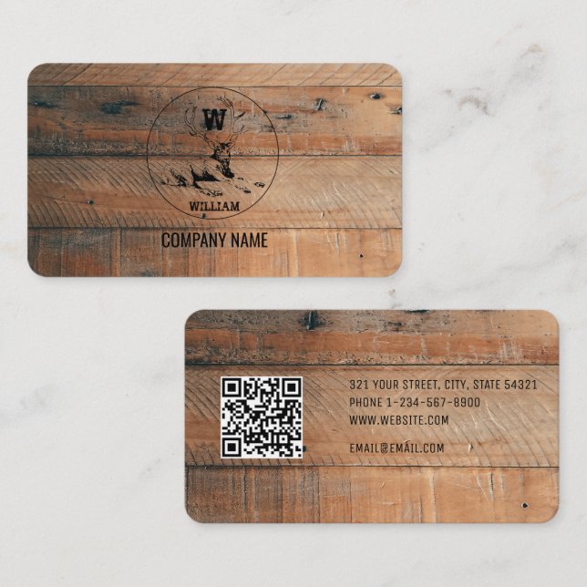 Rustikale Holzstruktur & Hirsch-Monogramm-QR-Code  Visitenkarte (Vorne/Hinten)