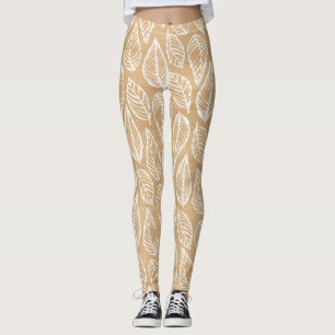 Rustikale Holzstruktur mit weißem Blätter Muster Leggings