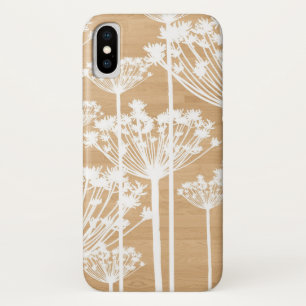 Rustikale Holzstruktur mit weißen Löwenzahnblüten iPhone X Hülle