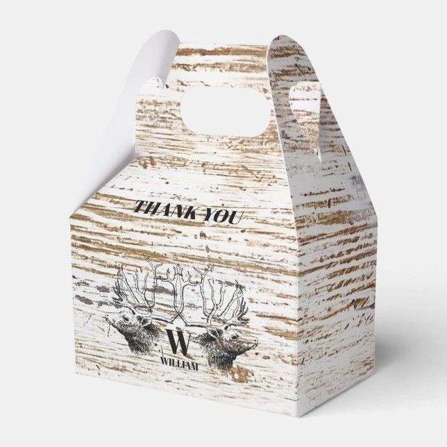 Rustikale Holztextur Hirschbaum Monogramm Geschenkschachtel (Vorderseite)