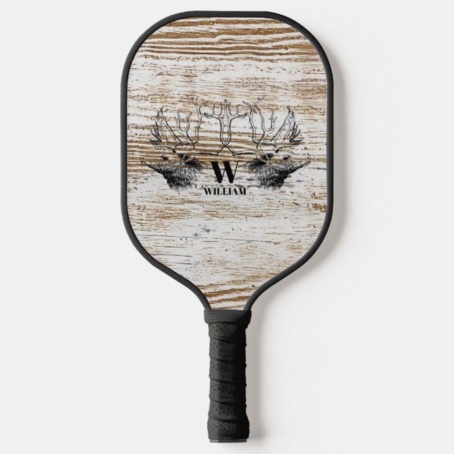 Rustikale Holztextur Hirschbaum Monogramm Pickleball Schläger (Vorderseite)