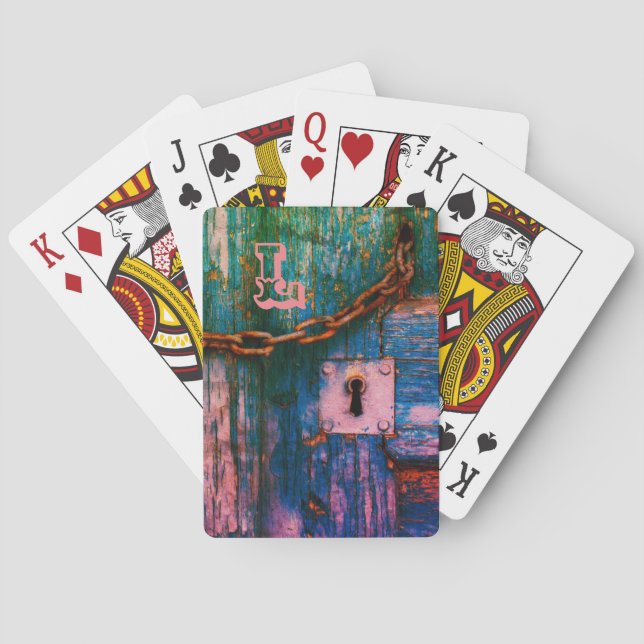 Rustikale Holztüre, blaue, rosa grüne Schlüsselloc Spielkarten (Rückseite)