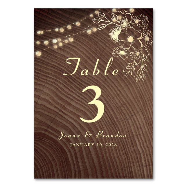 Rustikale Holzwinger-Hochzeit Tischnummer (Vorderseite)