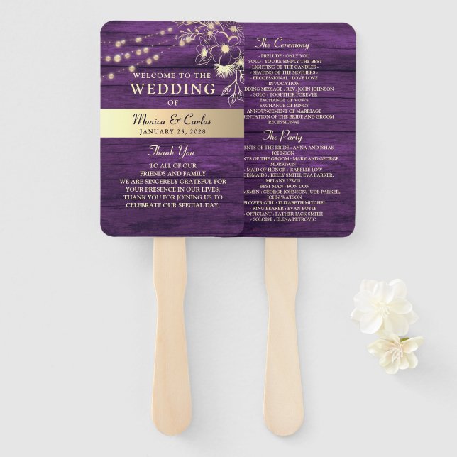 Rustikale Holzwinger Hochzeitsprogramm Handfan Fächer (Vorne und Hinten)
