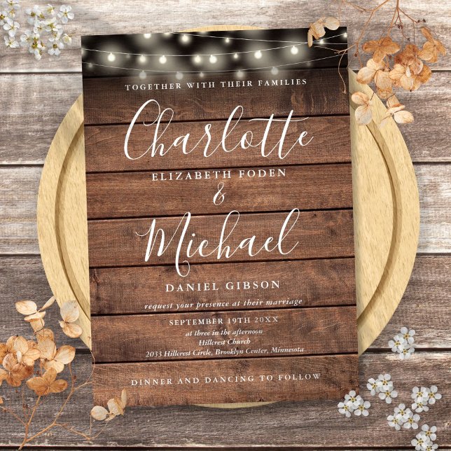 Rustikale Holzwinger-Lichter-Hochzeit Einladung (Rustic Wood String Lights Script Wedding Invitation)