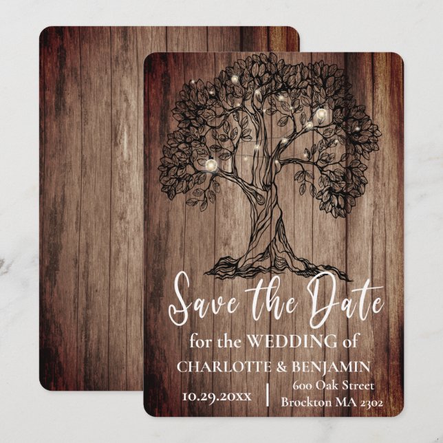 Rustikale Holzwolle und Streicheleichen Hochzeit Save The Date (Vorne/Hinten)