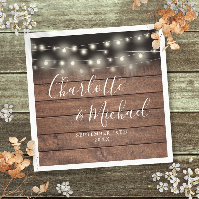 Rustikale Holzzeichenbeleuchtung Signature Script  Serviette (Rustic Wood String Lights Signature Script Wedding Napkins)