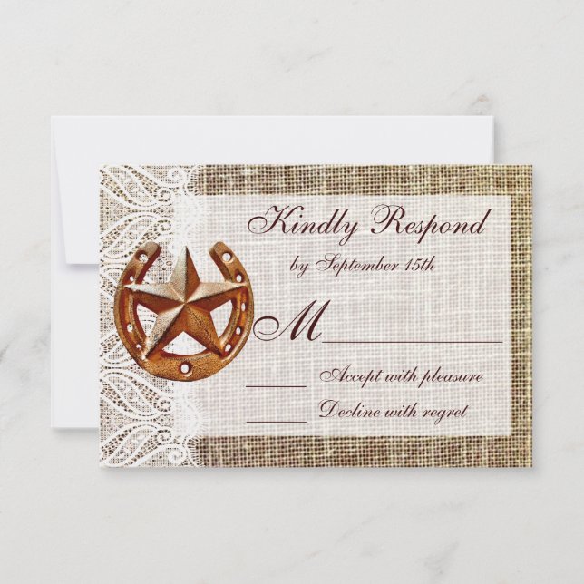 Rustikale Horseshoe Star Burlap Wedding RSVP Cards Karte (Vorderseite)