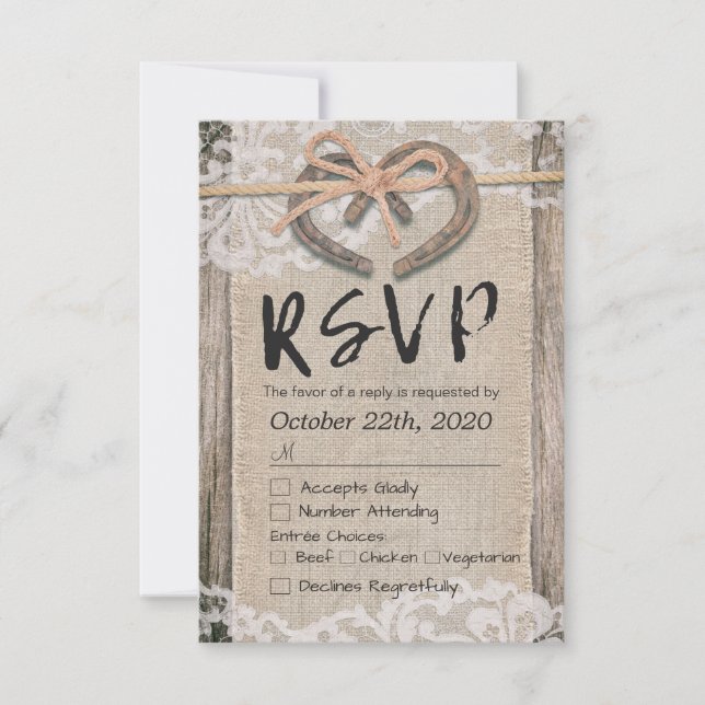 Rustikale Horseshoes Burlap Lace Wedding RSVP Antw (Vorderseite)