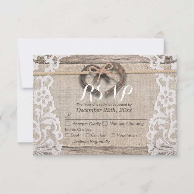 Rustikale Horseshoes Burlap Lace Wedding RSVP Antw Karte (Vorderseite)