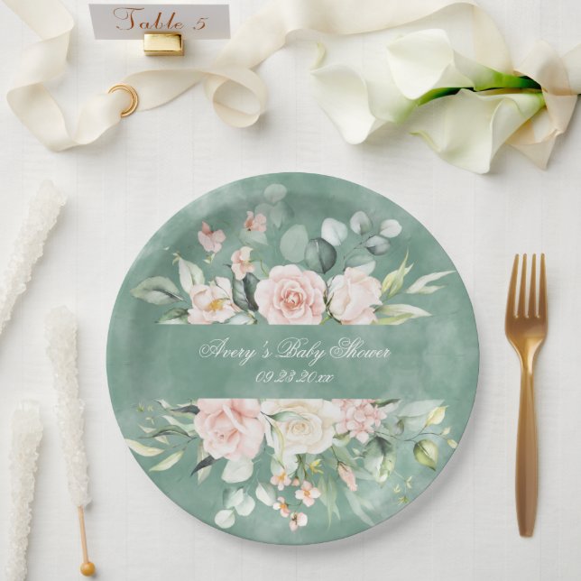 Rustikale hübsche grüne florale Wasserfarbe Vintag Pappteller (Hochzeit)