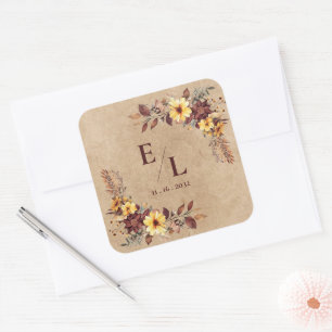 Rustikale hübsche Herbst-Blumen-Monogramm-Hochzeit Quadratischer Aufkleber