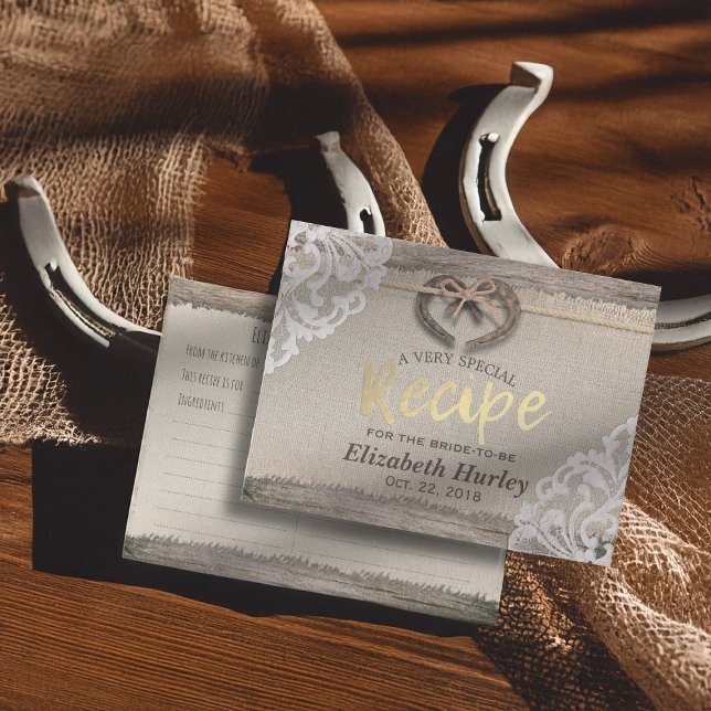 Rustikale Hufeisen Burlap Lace Brautparty Rezept Einladungspostkarte (Von Creator hochgeladen)