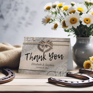 Rustikale Hufeisen-Leinwand-Spitze-Hochzeit danken Dankeskarte