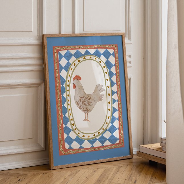 Rustikale Hühner-Illustration Poster (Farmhouse chicken wall art for nursery with colorful vintage hen illustration)