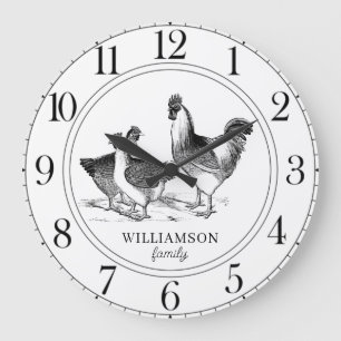 Rustikale Hühner im Landhaus Familienname Große Wanduhr