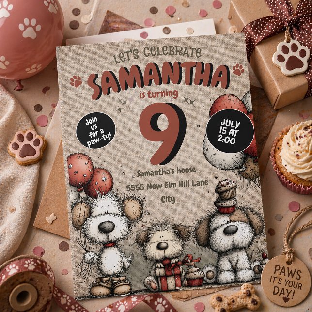 Rustikale Hundeparty Mädchen Ballons 9. Geburtstag Einladung (Cute dogs 9th birthday party invitation for little girls)
