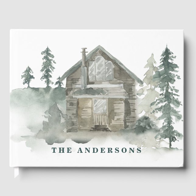 Rustikale Hütte Aquarellwald Grün Willkommen Gästebuch (Vorderseite)