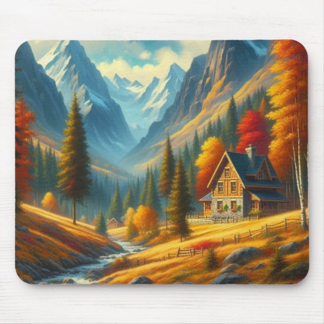 Rustikale Hütte, Herbst Mousepad (Vorne)