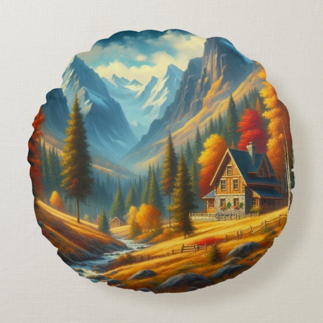 Rustikale Hütte, Herbst Rundes Kissen (Vorderseite)