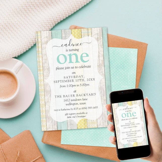 Rustikale Hütte Minze & Gelbtes Alter Geburtstag Einladung (Von Creator hochgeladen)