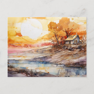 Rustikale Hütte Sonnenuntergang See Alcohol Ink Ku Postkarte
