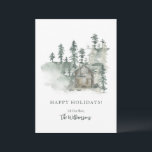 Rustikale Hütte Wasserfarbenwald Grün Personalisie Feiertagskarte<br><div class="desc">Personalisierte Rustikale Kabine Wasserfarbenwald Green Holiday Card</div>