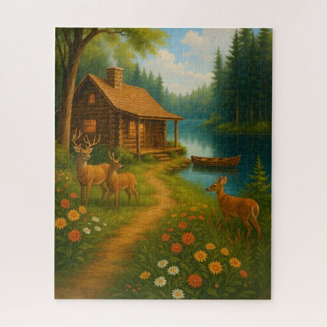Rustikale Hütten-Idylle Waldszene Puzzle (Vertikal)