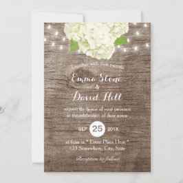 Rustikale Hydrangea & String Lights Barn Wood Wedd Einladung