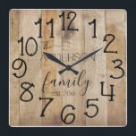 Rustikale Imitat Holzhütte Quadratische Wanduhr<br><div class="desc">Ein rustikales, einzigartiges, einzigartiges personalisiertes Design mit einem Imitat-Holzhintergrund und den Worten: "Die ANDERSON Familie est. 20XX" in schwarzer Typografie. Personalisieren Sie diese Uhr, indem Sie Ihre persönlichen Daten hinzufügen. Macht eine große Hochzeit, Jahrestag oder Hauswärme Geschenk. Klicken Sie auf "Personalisieren Sie diese Vorlage", um die Namen und Schriftart zu...</div>