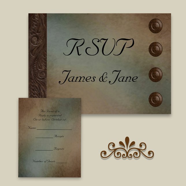 Rustikale Imitat Leder Türkis und Braun Grunge RSVP Karte (Von Creator hochgeladen)