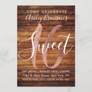 Rustikale Imitat Rose Gold Foil Wood Sweet 16 Einladung