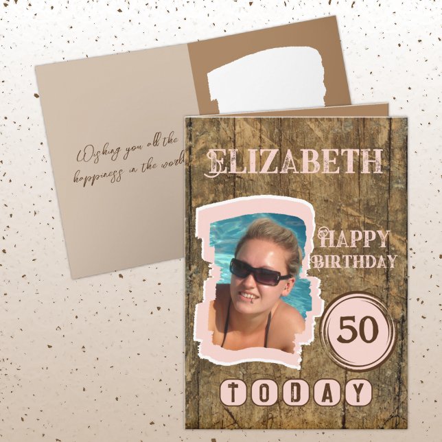 Rustikale Imitate aus Holz braun rosa 50. Geburtst Karte (Von Creator hochgeladen)