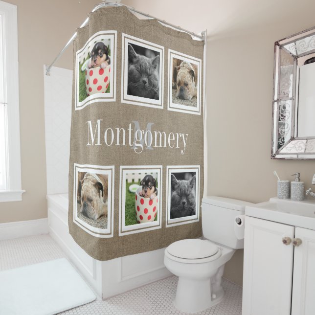 Rustikale Imitate Burlap 6 Fotos und Familienname Duschvorhang (Beispiel)