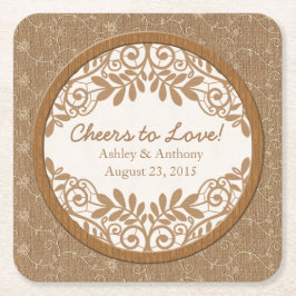 Rustikale Imitate Burlap Lace Wood Wedding Persona Rechteckiger Pappuntersetzer