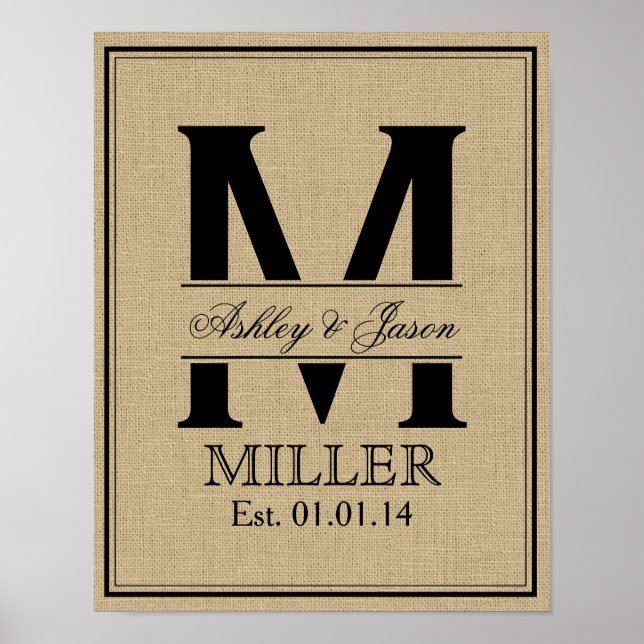 Rustikale Imitate Burlap Wedding Monogram Poster (Vorne)
