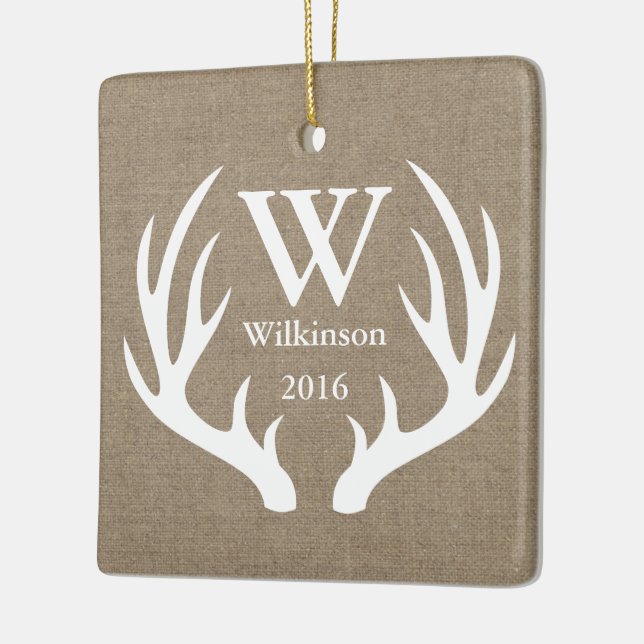 Rustikale Imitate Burlap White Deer Antlers Foto Keramikornament (Links)