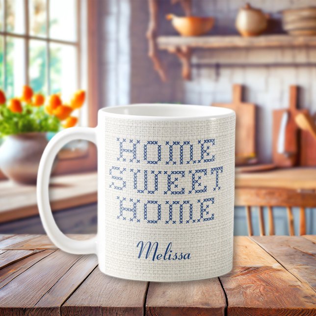 Rustikale Imitate Cross-Stitch Zuhause Sweet Zuhau Kaffeetasse (Rustic Faux Cross-Stitch Home Sweet Home Blue Coffee Mug
)