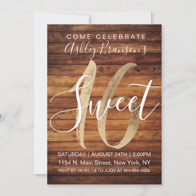 Rustikale Imitate Gold Foil Wood Sweet 16 Einladung (Vorderseite)