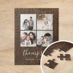 Rustikale Imitate Holzfamilienfoto Collage Puzzle<br><div class="desc">Maßgeschneiderte Druckpuzzle personalisiert mit Ihren Fotos und Monogramm auf einem Imitat Stallholzhintergrund. Fügen Sie Ihrem Familiennamen Monogramm oder anderen benutzerdefinierten Text mit Platz für 4 quadratische Instagram-Fotos hinzu. Verwenden Sie die Entwurfswerkzeuge, um mehr Fotos hinzuzufügen und die Schriftart und Farben zu bearbeiten, um ein einzigartiges Design zu erstellen. Puzzles für...</div>