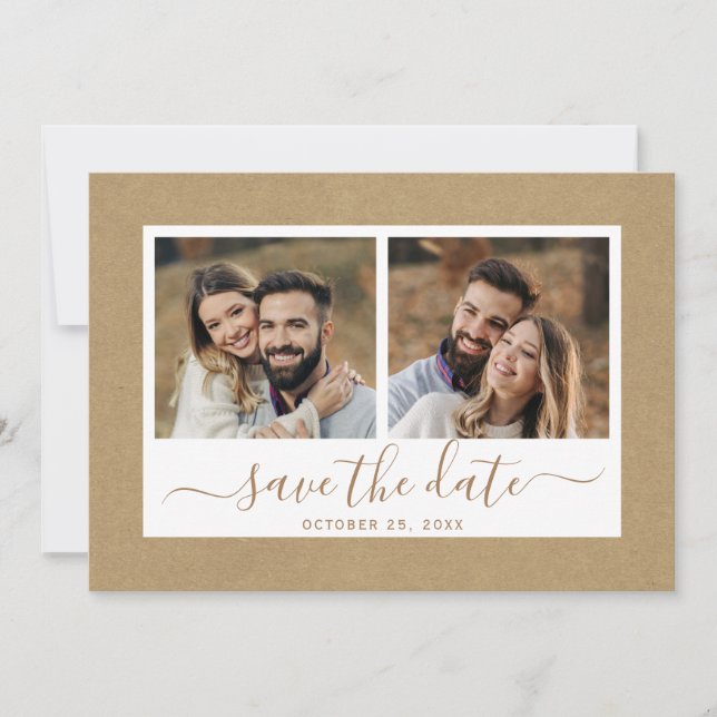 Rustikale Imitate Kraft Paper Gold Wedding 2 Foto Save The Date (Vorderseite)