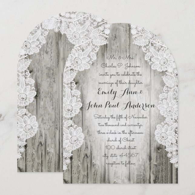 Rustikale Imitate Lace Barn Wood Wedding Einladung (Vorne/Hinten)