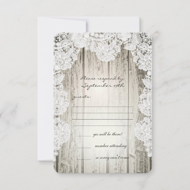 Rustikale Imitate Lace Barn Wood Wedding RSVP Karte (Vorderseite)