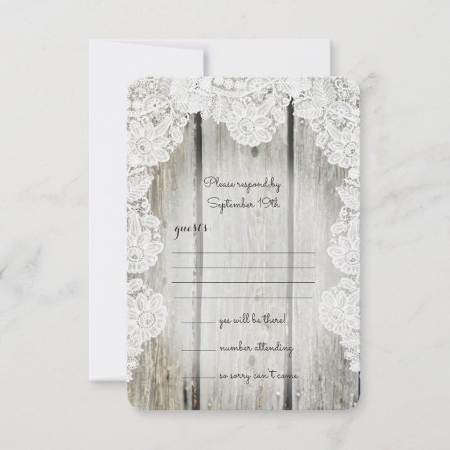 Rustikale Imitate Lace Barn Wood Wedding RSVP Karte (Vorderseite)