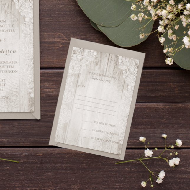 Rustikale Imitate Lace Barn Wood Wedding RSVP Karte (Von Creator hochgeladen)