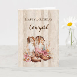 Rustikale Imitate Wood Cowgirl Blumenstiefel Gebur Karte