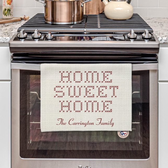 Rustikale Imitats Cross-Stitch Zuhause Sweet Zuhau Geschirrtuch (Rustic Faux Cross-Stitch Home Sweet Home Burgundy Kitchen Towel
)