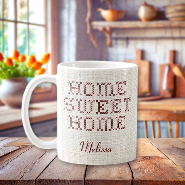 Rustikale Imitats Cross-Stitch Zuhause Sweet Zuhau Kaffeetasse (Rustic Faux Cross-Stitch Home Sweet Home Burgundy Coffee Mug
)