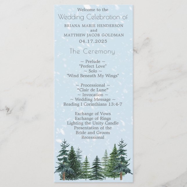 Rustikale Immergrüne Winterkiefern-Hochzeit Programm (Vorderseite)