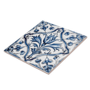 Rustikale Indigo Azulejo Fliesen mit Blumenmuster